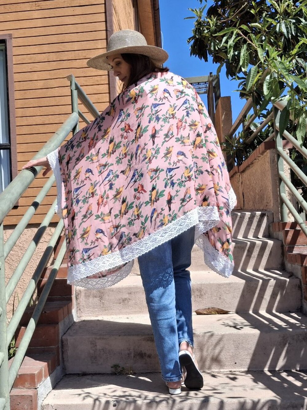 Handmade Silk Kimono Bird Print Boho Lace Cover Up One Size Artisan Wrap Cape